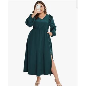 Kojooin Dark Green Long Sleeve Plus Size Maxi Dress V Neck- 3XL- NEW